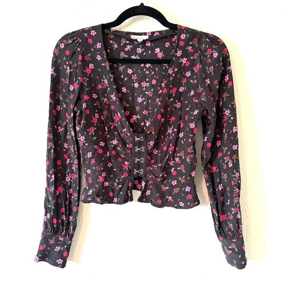 For Love & Lemons Pink & Black Isabella Ruched V Neck Top Size XS - Picture 2 of 8